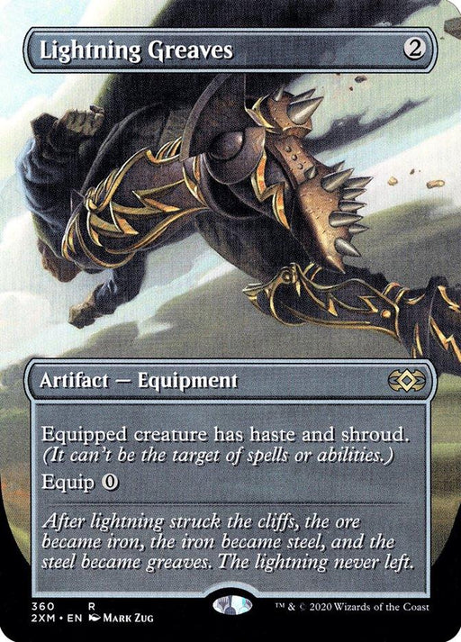 A Magic: The Gathering card from Double Masters, titled "Lightning Greaves (Toppers) [Double Masters]," displays armored legs with a lightning bolt design. This Artifact Equipment costs 2 mana, gives the equipped creature haste and shroud, and has an equip cost of 0. The flavor text describes the progression from iron to steel to greaves empowered by lightning.