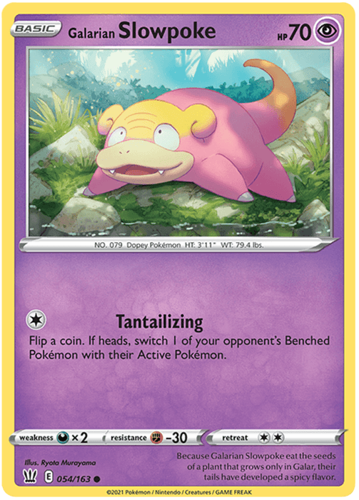 A Pokémon Galarian Slowpoke (054/163) [Sword & Shield: Battle Styles] card from the Sword & Shield series featuring Galarian Slowpoke. The card has 70 HP, and its single move, Tantalizing, allows a coin flip to switch the opponent's Benched Pokémon with their Active one. Galarian Slowpoke is depicted resting contently near a pink bush. The card's background is purple with yellow borders.