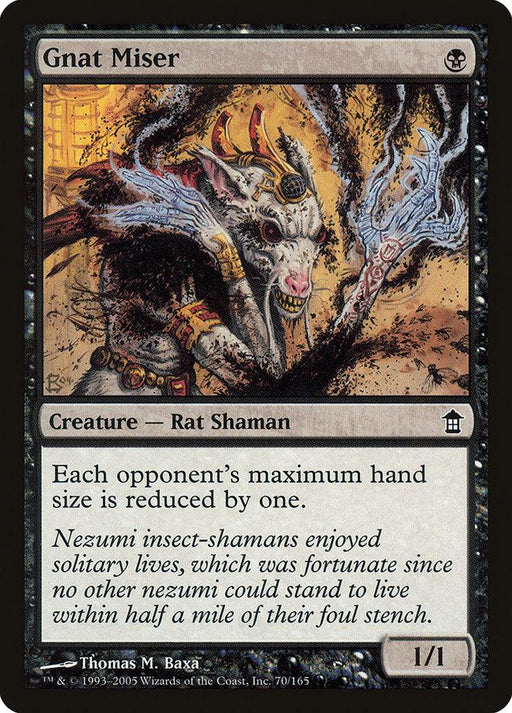 A Magic: The Gathering card named "Gnat Miser [Saviors of Kamigawa]," illustrated by Thomas M. Baxa. Featured in Saviors of Kamigawa, it depicts a grey, bipedal rat wearing a red cloak and wielding a staff with blue energy. As a Common Creature — Rat Shaman (1/1), its text reads, "Each opponent's maximum hand size is reduced by one.