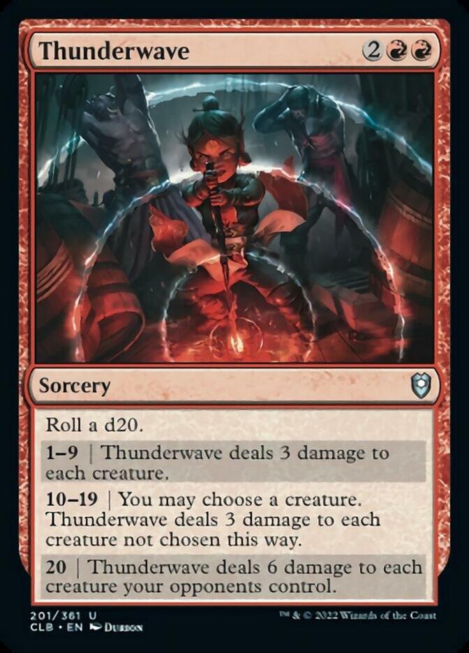 A Magic: The Gathering card titled ***Thunderwave [Commander Legends: Battle for Baldur's Gate]*** from *Magic: The Gathering*. It costs 2 generic and 2 red mana to cast. This sorcery instructs the player to roll a d20, with different damage effects based on the roll. The artwork features a robed mage casting a powerful red lightning spell. The card is numbered 201/361