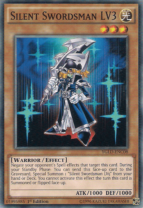 A "Yu-Gi-Oh!" trading card titled "Silent Swordsman LV3 [YGLD-ENC08] Common" from Yugi's Legendary Decks. The card features an armored, childlike warrior holding a sword and shield, with a shining effect behind. It's labeled "WARRIOR / EFFECT" with stats: ATK 1000, DEF 1000, and describes the card's special abilities.