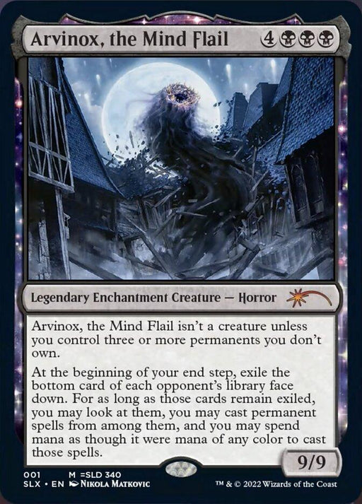 Image of a Magic: The Gathering card titled "Arvinox, the Mind Flail [Secret Lair: Universes Within]." This mythic black legendary enchantment creature boasts a 9/9 stat line. The illustration depicts a dark, ominous Arvinox with tendrils amidst a stormy sky over a dilapidated village. Its unique ability is detailed at the bottom.
