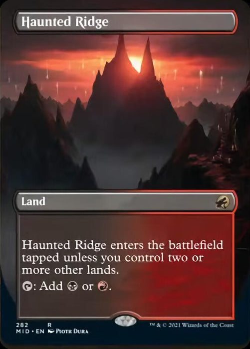 A Magic: The Gathering card titled "Haunted Ridge (Borderless Alternate Art) [Innistrad: Midnight Hunt]". This rare land card features a mountainous, eerie landscape under a darkened sky. It reads: "Haunted Ridge enters the battlefield tapped unless you control two or more other lands. {T}: Add {B} or {R}." Art by Piotr Dura.