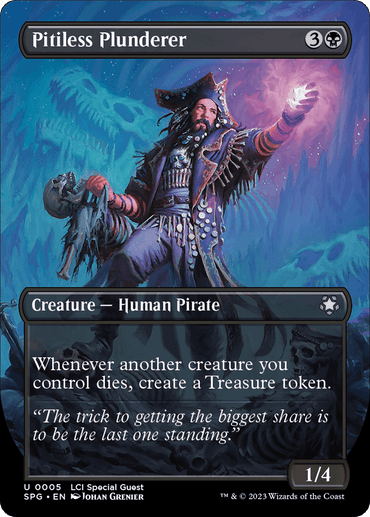 A detailed fantasy card entitled "Pitiless Plunderer (Borderless) [The Lost Caverns of Ixalan Special Guests]" depicts a Human Pirate in ornate attire commanding lightning from his hand. He has a long coat, tricorn hat, and pistol, standing against a stormy sea backdrop. The card text describes generating treasure tokens and provides a strategic tip with references to the Lost Caverns of Ixalan. This product is part of Magic: The Gathering.