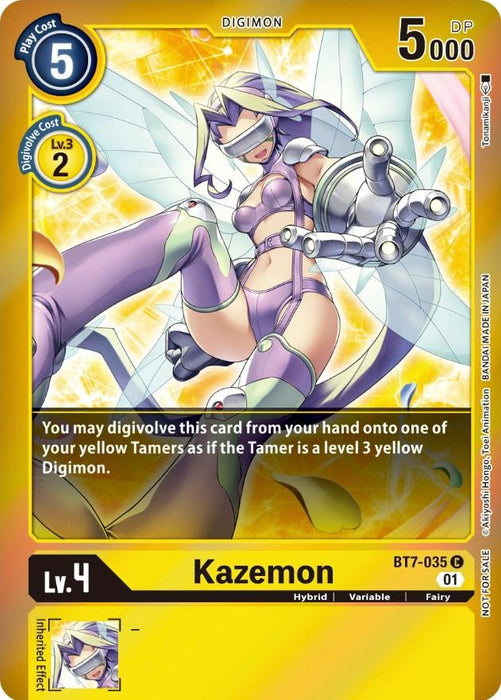 A digital trading card featuring Kazemon [BT7-035] (Event Pack 3) from the Digimon Next Adventure Promos. This Level 4, yellow card has a play cost of 5, a digivolve cost of 2 from a Level 3 yellow Digimon, and boasts 5000 DP. Kazemon is depicted in a dynamic pose with wings and armor.