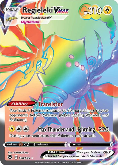 A colorful Pokémon card depicts Regieleki VMAX (198/195) [Sword & Shield: Silver Tempest] with vibrant electricity graphics. Marked as a Secret Rare from the Sword & Shield series, it has 310 HP and features the Dynamax label. Its abilities include "Transistor" and the move "Max Thunder and Lightning," which has 220 damage. The card is marked 198/195 and is a part of the special edition.