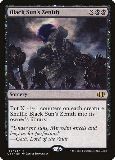 A Magic: The Gathering card titled "Black Sun's Zenith [Commander 2014]." This sorcery card features dark, ominous artwork with a black sun in a cloudy sky and shadowy figures below. It places -1/-1 counters on each creature and then shuffles back into its owner's library. From the Commander 2014 series.