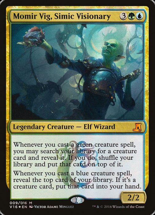 A Magic: The Gathering card named "Momir Vig, Simic Visionary [From the Vault: Lore]." It costs 3 generic, 1 green, and 1 blue mana to cast. This mythic card features an image of an elf wizard and has abilities related to green and blue creature spells. It is a 2/2 Legendary Creature - Elf Wizard.