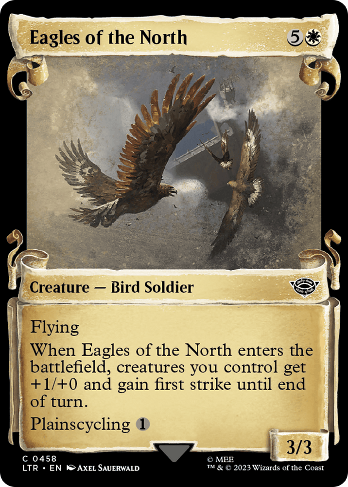 A Magic: The Gathering card titled "Eagles of the North [The Lord of the Rings: Tales of Middle-Earth Showcase Scrolls]." The card is white with a cost of 5W. It shows eagles flying over a battlefield. It has Flying, gives creatures you control +1/+0 and first strike until end of turn when it enters, Plainscycling 1, and power/toughness of 3/3. Perfect for any Tales of Middle