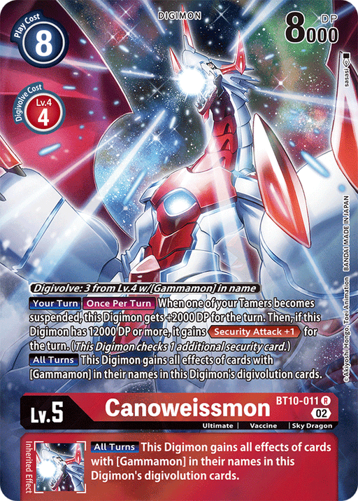 A Canoweissmon [BT10-011] (Alternate Art) [Xros Encounter] Digimon card with a red border and labeled BT10-011. The card details the Digimon's stats: a play cost of 8, digivolve cost of 4 from level 4 with [Gammamon] in name, 8000 DP, and level 5. It has abilities, traits, and effects listed in text on the card.