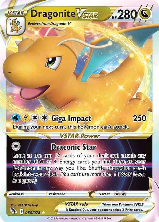 A Dragonite VSTAR (050/078) [Pokémon GO] Pokémon card from Pokémon, featuring a yellow, dragon-like creature with orange wings in an action pose. This Ultra Rare card has 280 HP and includes the moves "Giga Impact" and "Draconic Star." Various stats, rules, and the text "evolves from Dragonite V" are displayed.