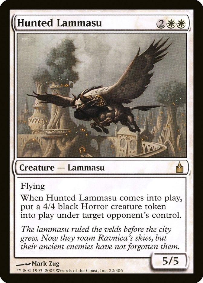 A Magic: The Gathering card titled "Hunted Lammasu [Ravnica: City of Guilds]," depicts a flying mythical creature with large wings and dark fur against a cloudy sky backdrop. With a mana cost of 2 white and 2 colorless, it boasts a power/toughness of 5/5. This creature's special abilities and lore text are clearly visible, hinting at its origins in Ravnica.