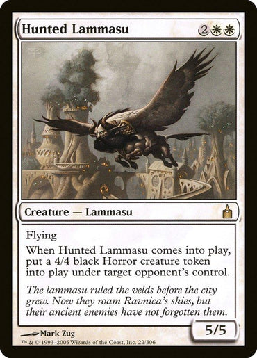 A Magic: The Gathering card titled "Hunted Lammasu [Ravnica: City of Guilds]," depicts a flying mythical creature with large wings and dark fur against a cloudy sky backdrop. With a mana cost of 2 white and 2 colorless, it boasts a power/toughness of 5/5. This creature's special abilities and lore text are clearly visible, hinting at its origins in Ravnica.