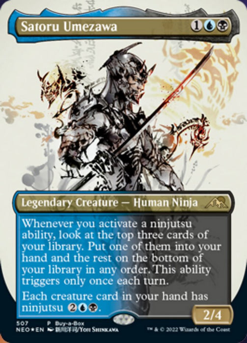 A "Magic: The Gathering" card titled "Satoru Umezawa (Buy-A-Box) [Kamigawa: Neon Dynasty]" showcases a dark, enigmatic Human Ninja holding a weapon, clad in intricate armor against a shadowy backdrop. This Legendary Creature has 2 power and 4 toughness, with card text describing abilities related to ninjutsu and scrying the top cards of your library.