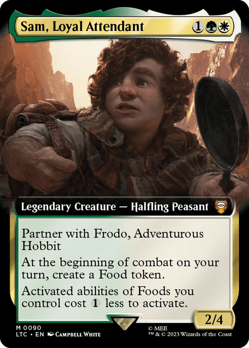 A Magic: The Gathering card titled "Sam, Loyal Attendant (Extended Art) [The Lord of the Rings: Tales of Middle-Earth Commander]." The artwork depicts a small, curly-haired humanoid, holding a frying pan, standing in rocky terrain. This Legendary Creature - Halfling Peasant from The Lord of the Rings: Tales of Middle-Earth has abilities involving Food tokens and reducing activation costs.