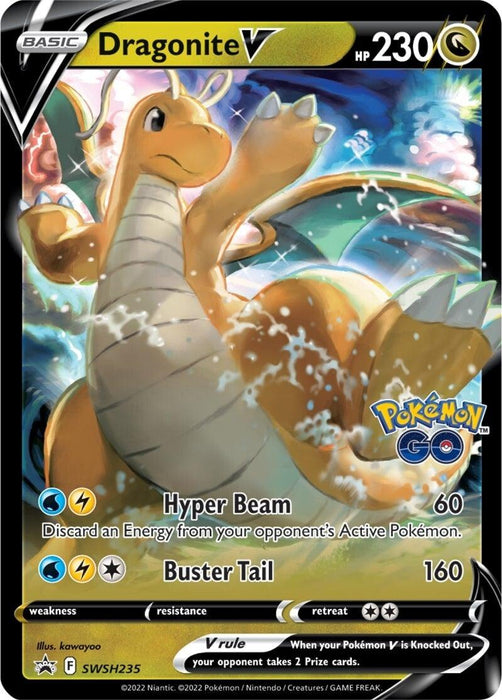 A Dragonite V (SWSH235) [Sword & Shield: Black Star Promos] Pokémon card with 230 HP from the Sword & Shield series. It features Dragonite, a majestic Dragon, surrounded by splashing water and a rainbow. The card includes two attacks: "Hyper Beam" costing 60 and "Buster Tail" costing 160. It has a resistance of -30 against fighting types and a retreat cost of 2 energy.
