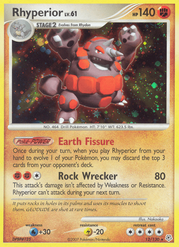 Image of a Pokémon card featuring Rhyperior. Rhyperior is depicted as a large, armored creature with orange rock-like plates on its body. The Holo Rare card, from the Diamond & Pearl series, is Level 61 with a red border and yellow outline. It has 140 HP and the move 