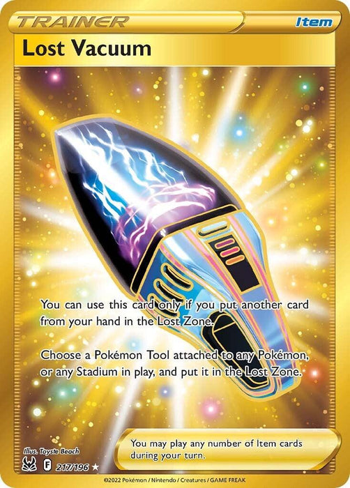 A Pokémon trading card titled "Lost Vacuum (217/196) [Sword & Shield: Lost Origin]" from Pokémon. The card background is golden with sparkles, featuring an illustration of a vacuum emitting energy beams. This Secret Rare Trainer Item moves a Pokémon Tool or Stadium to the Lost Zone. Card design by Toyata Saeki.
