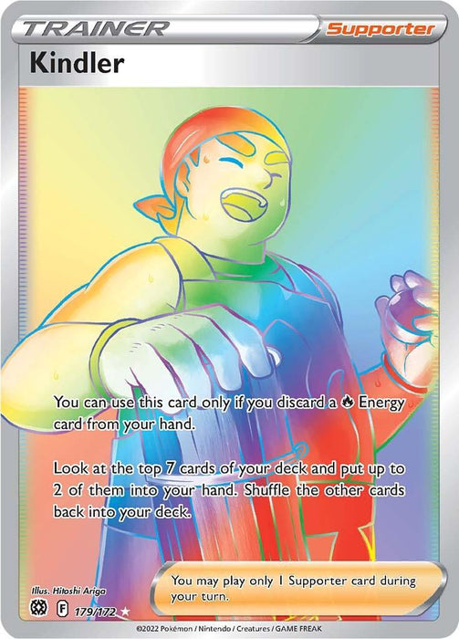 A Pokémon trading card titled "Kindler (179/172) [Sword & Shield: Brilliant Stars]" from Pokémon. The card features an illustration of a person with a red hat, green vest, yellow undershirt, and red scarf, smiling energetically while gesturing with one hand. The text details the effects of using the Kindler support.