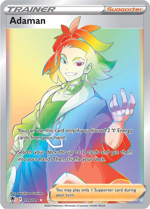 A holographic Pokémon Supporter card named "Adaman (199/189) [Sword & Shield: Astral Radiance]" from the Pokémon set. The illustration features a colorful character sporting a vibrant outfit and a rainbow-colored hairstyle. The card's holographic background is a mix of pastel shades, with text detailing its abilities and rules for gameplay.
