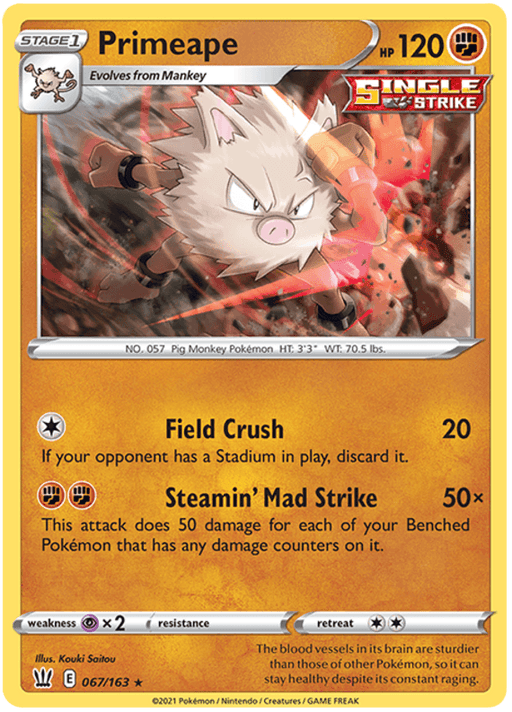 A Pokémon card featuring Primeape. Primeape, a Fighting-type Pokémon with 120 HP, is shown in an intense pose with a fiery background. It has moves Field Crush (20 damage) and Steamin’ Mad Strike (50x damage). The card is part of the Battle Styles series from the Sword & Shield set and has artwork by Kouki Saitou. The product name is **Primeape (067/163) [Sword & Shield: Battle Styles]** by **Pokémon**.