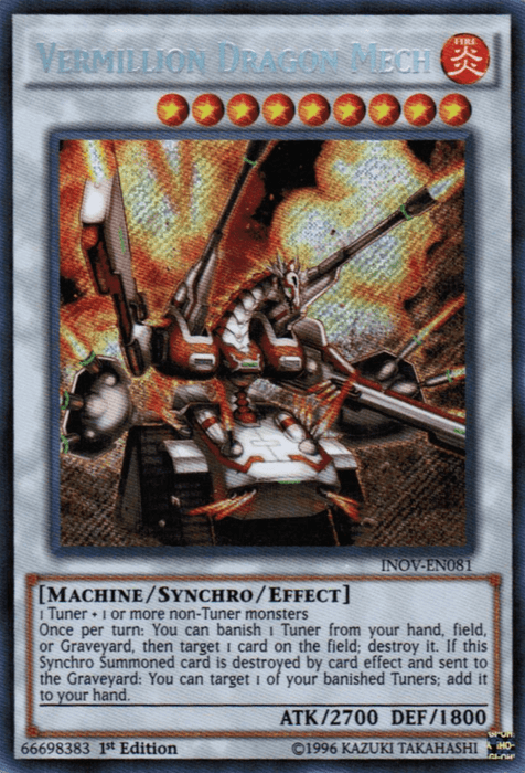 The image shows a "Yu-Gi-Oh!" trading card titled "Vermillion Dragon Mech [INOV-EN081] Secret Rare." The card has an illustration of a metallic dragon with cannon-like attachments, mechanical legs, and a robotic appearance. It is a Synchro/Effect Monster with ATK 2700 and DEF 1800 from the set Invasion: Vengeance. The card is Ultra Rare and First.