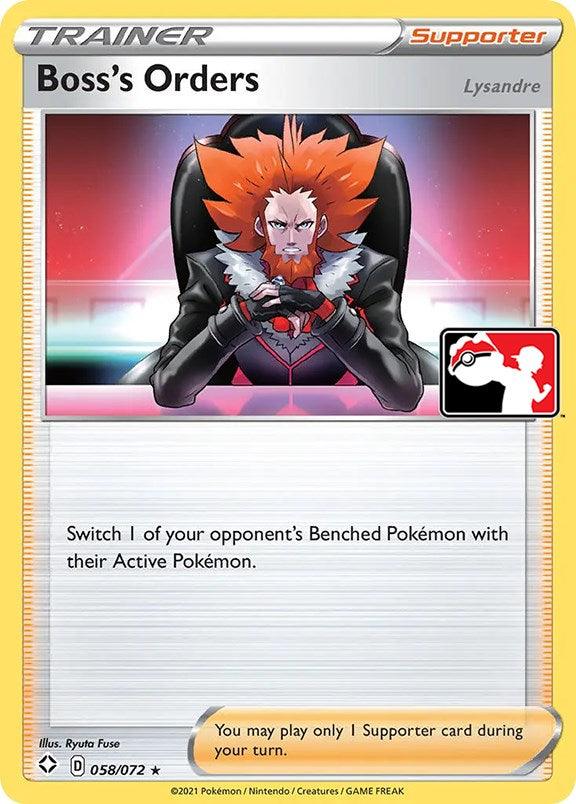 The Pokémon trainer card "Boss's Orders" (058/072) from Prize Pack Series One features Lysandre, notable for his vibrant orange hair and fashionable red suit. Depicted seated with his fingers intertwined, Lysandre issues the strategic command to switch an opponent’s Benched Pokémon with their Active one. Restrictions for gameplay use are noted at the bottom of the card.