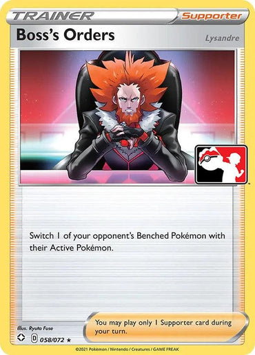 The Pokémon trainer card "Boss's Orders" (058/072) from Prize Pack Series One features Lysandre, notable for his vibrant orange hair and fashionable red suit. Depicted seated with his fingers intertwined, Lysandre issues the strategic command to switch an opponent’s Benched Pokémon with their Active one. Restrictions for gameplay use are noted at the bottom of the card.