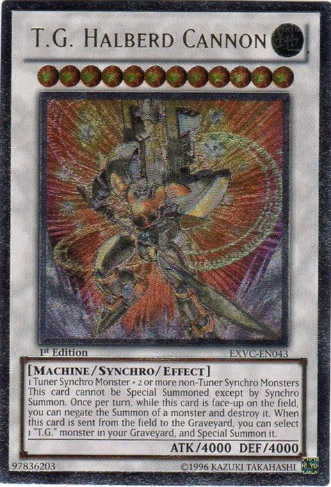 A Yu-Gi-Oh! trading card titled "T.G. Halberd Cannon [EXVC-EN043] Ultimate Rare." This Ultimate Rare card boasts 4000 attack and 4000 defense points. To summon, it requires one Tuner Synchro Monster and two or more non-Tuner Synchro Monsters. The card features an armored warrior wielding a large halberd in a dynamic pose.