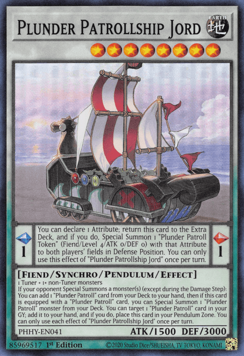 A "Plunder Patrollship Jord [PHHY-EN041] Super Rare" Yu-Gi-Oh! card with a red and white ship illustration featuring cannons and a figurehead. Boasting 1 ATK and 1500 DEF points, this Synchro/Pendulum/Effect Monster stands out with its Fiend attributes. The pendulum scale is 1, detailing effects and gameplay rules.