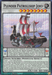 A "Plunder Patrollship Jord [PHHY-EN041] Super Rare" Yu-Gi-Oh! card with a red and white ship illustration featuring cannons and a figurehead. Boasting 1 ATK and 1500 DEF points, this Synchro/Pendulum/Effect Monster stands out with its Fiend attributes. The pendulum scale is 1, detailing effects and gameplay rules.