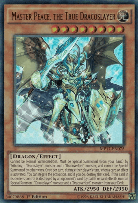 A "Yu-Gi-Oh!" trading card titled "Master Peace, the True Dracoslayer [MP17-EN075] Ultra Rare," featured in the 2017 Mega-Tins Mega Pack. The Ultra Rare card boasts an armored dragon with wings and shards of blue crystal surrounding it. This Dragon/Effect Monster has 2950 ATK/DEF, with its summoning and activation requirements detailed below the image.