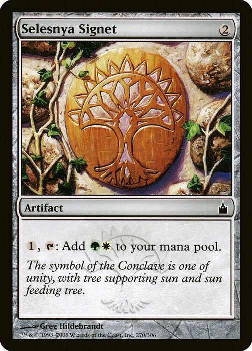 A Magic: The Gathering product titled "Selesnya Signet [Ravnica: City of Guilds]." This Artifact from Ravnica: City of Guilds displays a wooden carving with a tree emblem, roots extending down, on a stone wall entwined with vines. For 1 colorless mana, its ability lets you add {G}{W}, while the artifact itself costs 2 colorless mana.