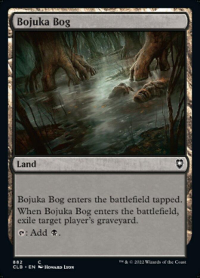 The image shows a "Magic: The Gathering" card named "Bojuka Bog [Commander Legends: Battle for Baldur's Gate]" from the Commander Legends series. It depicts a swampy, forested land with water, twisted roots, and fog. The card text reads: "Bojuka Bog enters the battlefield tapped. When Bojuka Bog enters the battlefield, exile target player's graveyard. Tap: Add 1 black mana.