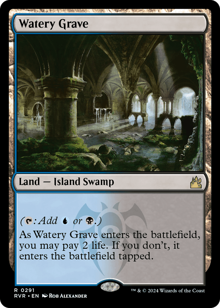 The image showcases a Magic: The Gathering trading card named Watery Grave [Ravnica Remastered]. As a 