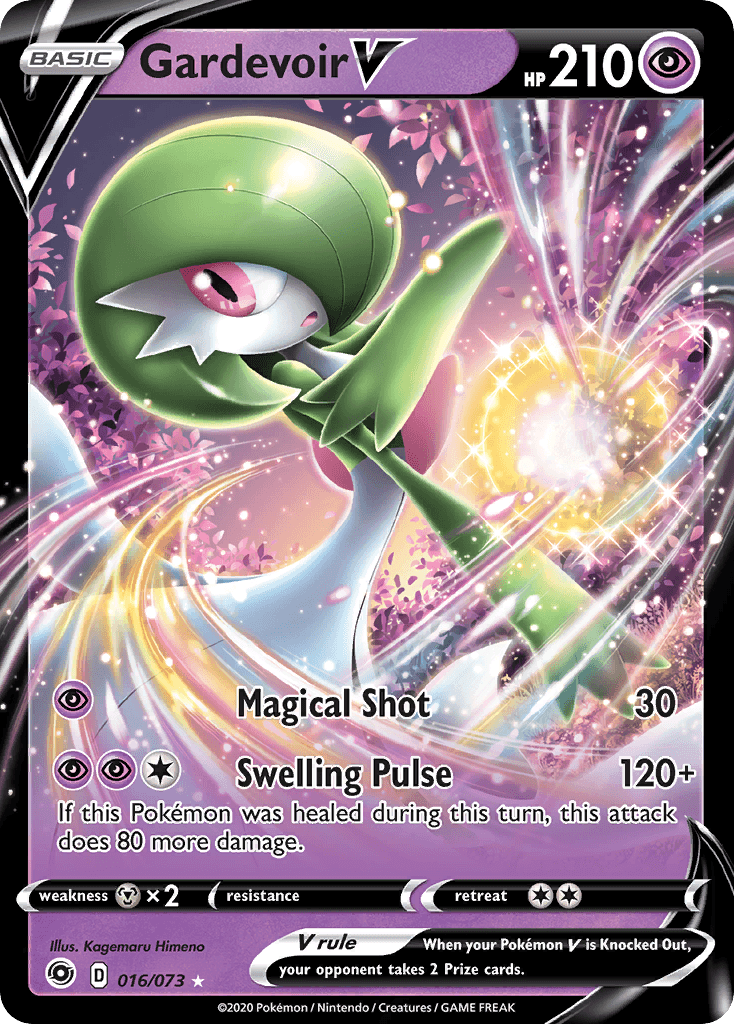 A Pokémon Gardevoir V (016/073) [Sword & Shield: Champion's Path] featuring the Ultra Rare Gardevoir V from Champion's Path. Gardevoir is depicted in a dynamic pose, surrounded by a magical, swirling psychic energy with sparkles and colorful, glowing orbs. The card displays HP 210, moves 