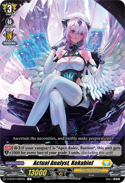 A trading card image from Bushiroad's Genesis of the Five Greats series, showcasing a futuristic, anime-styled female character named "Actual Analyst, Kokabiel" (D-BT01/095EN). The character has white hair and is dressed in a sleek, form-fitting suit, seated in a high-tech chair surrounded by multiple holographic displays. The card features various stats, symbols, and abilities text.