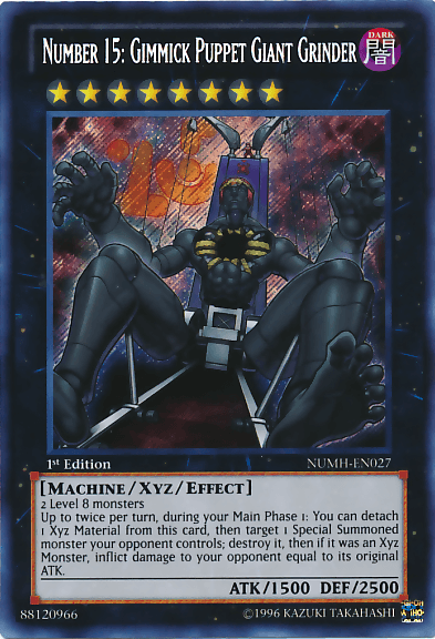 A Yu-Gi-Oh! trading card depicting **Number 15: Gimmick Puppet Giant Grinder [NUMH-EN027] Secret Rare** from the Number Hunters set. The Secret Rare card shows a dark mechanical figure with a skeletal design standing menacingly. It is an Xyz/Effect Monster with 1500 ATK and 2500 DEF, requiring 2 Level 8 monsters for summoning.