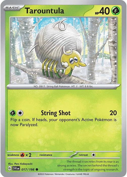 From Pokémon's Scarlet & Violet: Base Set, the Tarountula (017/198) card features a Grass-type String Ball Pokémon with 40 HP and Pokédex number 917. Illustrated by Pani Kobayashi, this common card showcases Tarountula against a snowy forest backdrop. Its move, String Shot, deals 20 damage with an additional effect determined by a coin flip.