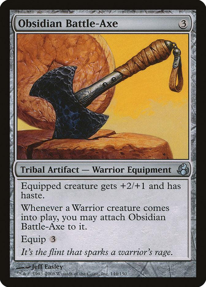 The Obsidian Battle-Axe from Magic: The Gathering's Morningtide set is a Warrior Equipment card featuring a stone-like blade and wrapped handle. It enhances equipped creatures with additional powers and automatically attaches to Warriors, providing a strategic advantage by adding haste to your gameplay.