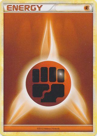 A Pokémon Fighting Energy (2010 Unnumbered HGSS Style) [League & Championship Cards]. The card has a brown and orange background with a black fist icon in the center, with rays of light emanating from it. The word "ENERGY" appears at the top in red, and a small Fighting Energy symbol is in the upper right corner, making it perfect for League & Championship Cards.