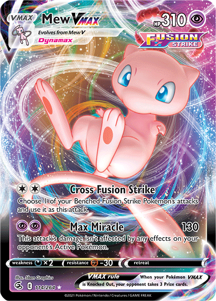A Pokémon trading card featuring Mew VMAX (114/264) [Sword & Shield: Fusion Strike] from the Pokémon brand. The ultra rare card showcases a vibrant, cosmic depiction of Mew in a dynamic pose surrounded by colorful energy swirls. Its moves are "Cross Fusion Strike" and "Max Miracle." The card has 310 HP, a Fusion Strike label, and various stats at the bottom.