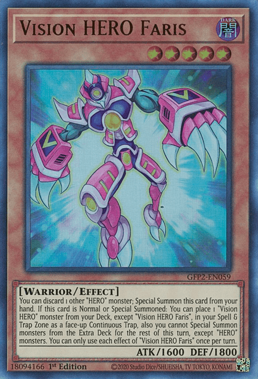 The image shows a "Yu-Gi-Oh!" trading card titled "Vision HERO Faris [GFP2-EN059] Ultra Rare." This Ultra Rare Effect Monster features an armored, humanoid hero with a red and blue color scheme and glowing accents. It has a warrior/effect type, ATK of 1600, DEF of 1800, and card text outlining its special summoning abilities.