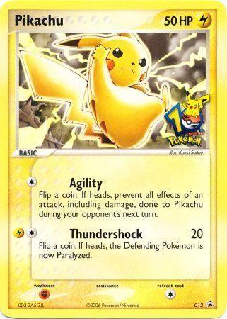 A Pokémon Pikachu (012) (10th Anniversary Promo) [Miscellaneous Cards] featuring Pikachu with 50 HP. Pikachu is depicted amid electric sparks, capturing the essence of its Lightning type. As a promo card, it mentions two abilities: Agility, which involves flipping a coin to prevent damage if heads; and Thundershock, which deals 20 damage and can paralyze the opponent with a coin flip.