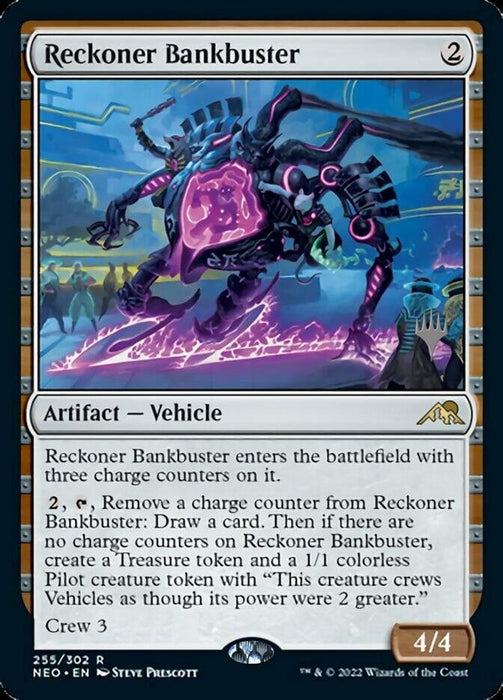 Image of a Magic: The Gathering card named "Reckoner Bankbuster (Promo Pack) [Kamigawa: Neon Dynasty Promos]" from Kamigawa: Neon Dynasty Promos. This Artifact—Vehicle costs 2 mana and has 4/4 stats. It enters with three charge counters; pay 2, tap, and remove one to draw a card. When none remain, create a Treasure token and a 1/1 Pilot that crews