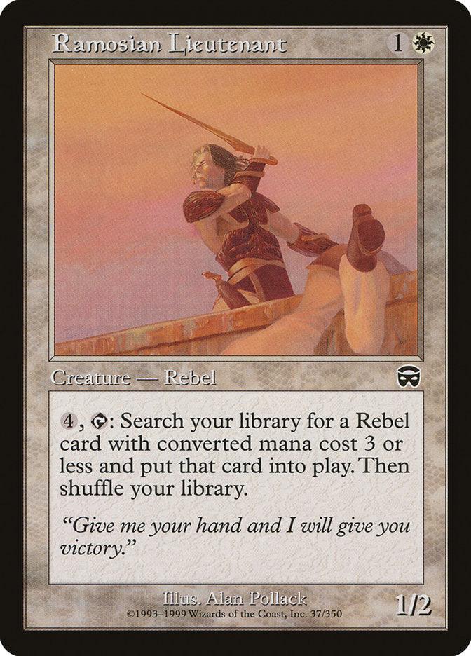 Magic: The Gathering Ramosian Lieutenant [Mercadian Masques]. This Creature — Human Rebel has a mana cost of 1 white and 1 colorless, with a power/toughness of 1/2. It can search for a Rebel permanent card with converted mana cost 3 or less. The flavor text reads, 