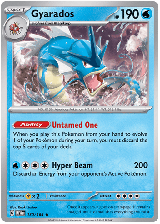 A rare Pokémon trading card featuring Gyarados (130/165) [Scarlet & Violet: 151], a large dragon-like creature with a fierce expression. Gyarados is blue with yellow and white accents, has 190 HP, and evolves from Magikarp. The "Untamed One" ability and "Hyper Beam" attack details are displayed below the image in the Scarlet & Violet series.
