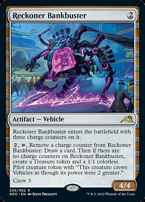 Magic: The Gathering card titled “Reckoner Bankbuster [Kamigawa: Neon Dynasty].” It showcases a dark mechanical creature with a bright purple core and menacing appendages. This Artifact Vehicle from Kamigawa: Neon Dynasty has a mana cost of 2, crew cost of 3, and power/toughness 4/4. It features abilities involving charge counters and treasure tokens.