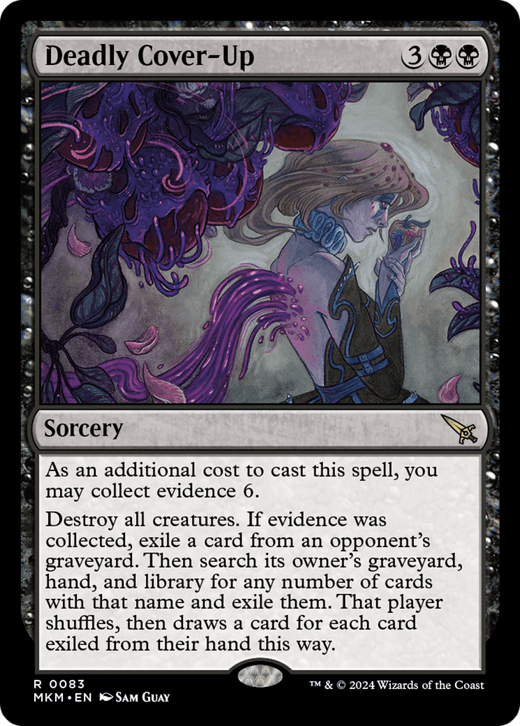 A Magic: The Gathering card titled Deadly Cover-Up [Murders at Karlov Manor] features a dark, intense illustration of a person ensnared by purple tendrils. With a black border adorned with ornate, twisted patterns, the card's text involves collecting evidence and exiling cards from an opponent's graveyard.