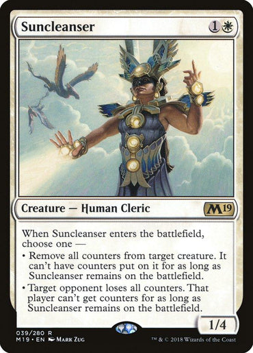 The image showcases a Magic: The Gathering card named "Suncleanser [Core Set 2019]," a white creature card from Core Set 2019, with casting cost 1 colorless and 1 white mana. It features a human cleric in ornate armor with a sun-themed headdress, two abilities related to +1/+1 counters, and has power 1 and toughness 4. Set number is